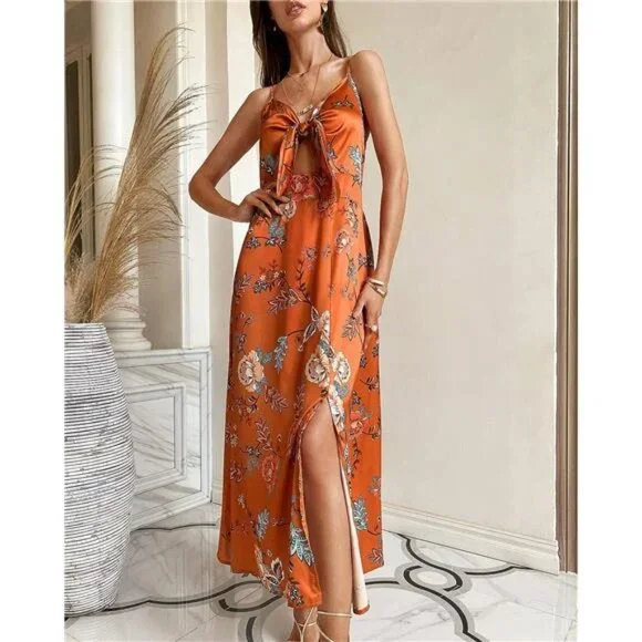 Dresses | Orange Floral Print Satin Tie Front Cami Aline Dress Flowy Midi  Party Dress | Poshmark